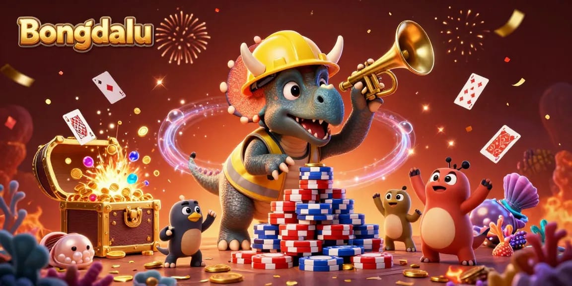 Bongdalu showcases a lively scene with a triceratops building poker chip pyramids, celebrating with friends in a vibrant casino-themed setting.