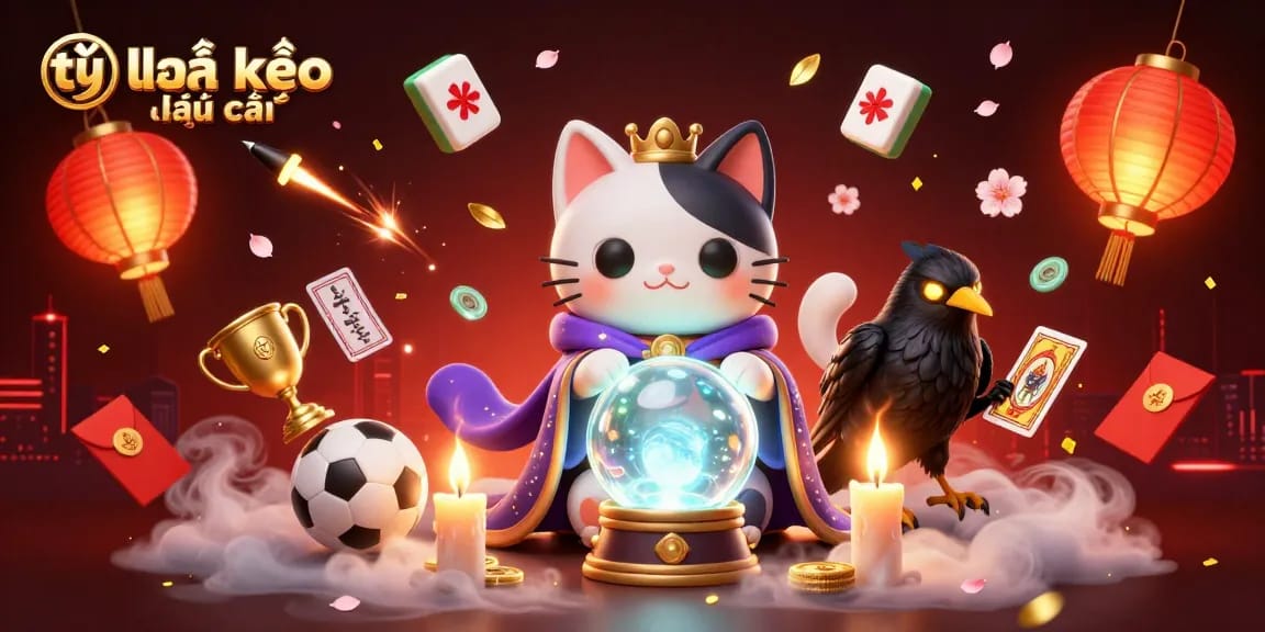 Betting on tỷ lệ kèo nhà cái with a mystical cat and raven in a vibrant casino illustration.