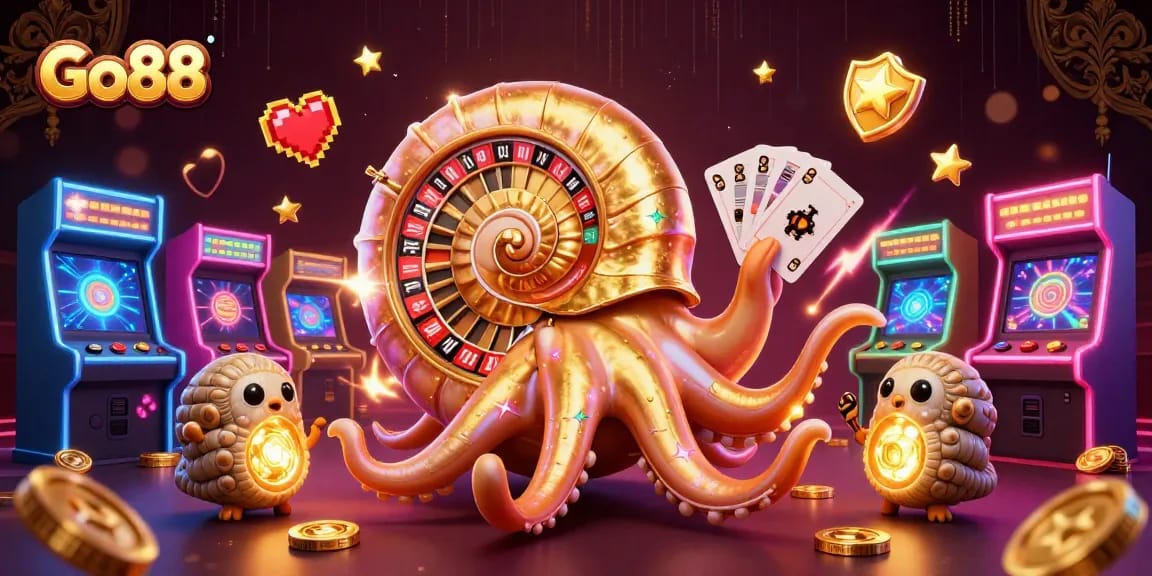 Engage in thrilling gameplay at Go88 with an ancient giant nautilus and vibrant casino elements.