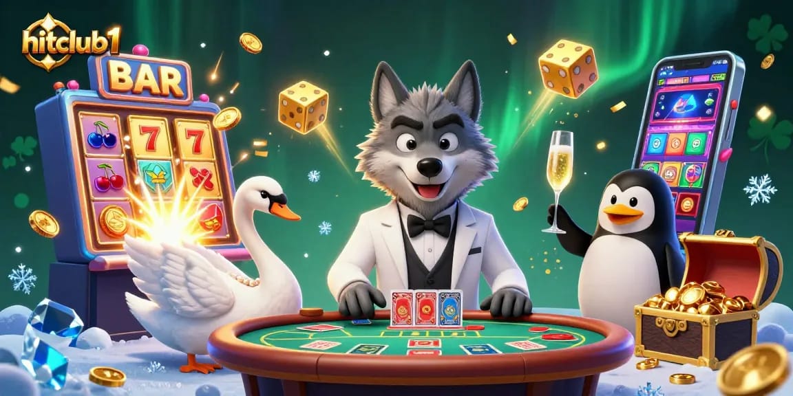 Experience the excitement of hitclub1 with cartoon characters at a baccarat table amidst gaming symbols and dynamic casino elements.