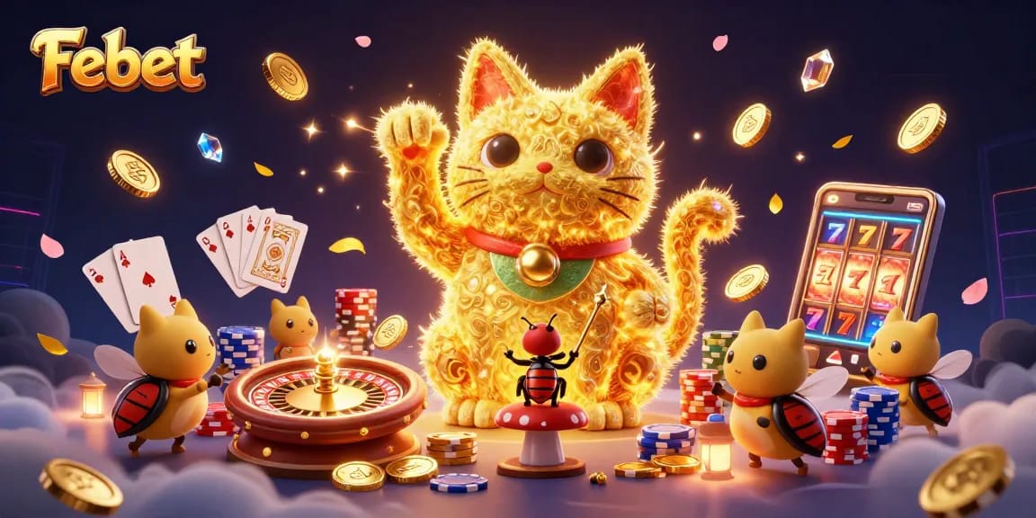 Experience Fortune at Febet with a vibrant lucky cat amidst cascading symbols of casino excitement.