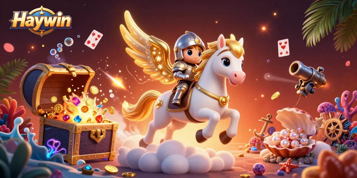 Haywin offers thrilling online gaming with a magical scene of a winged horse and a knight among treasures and playing cards.