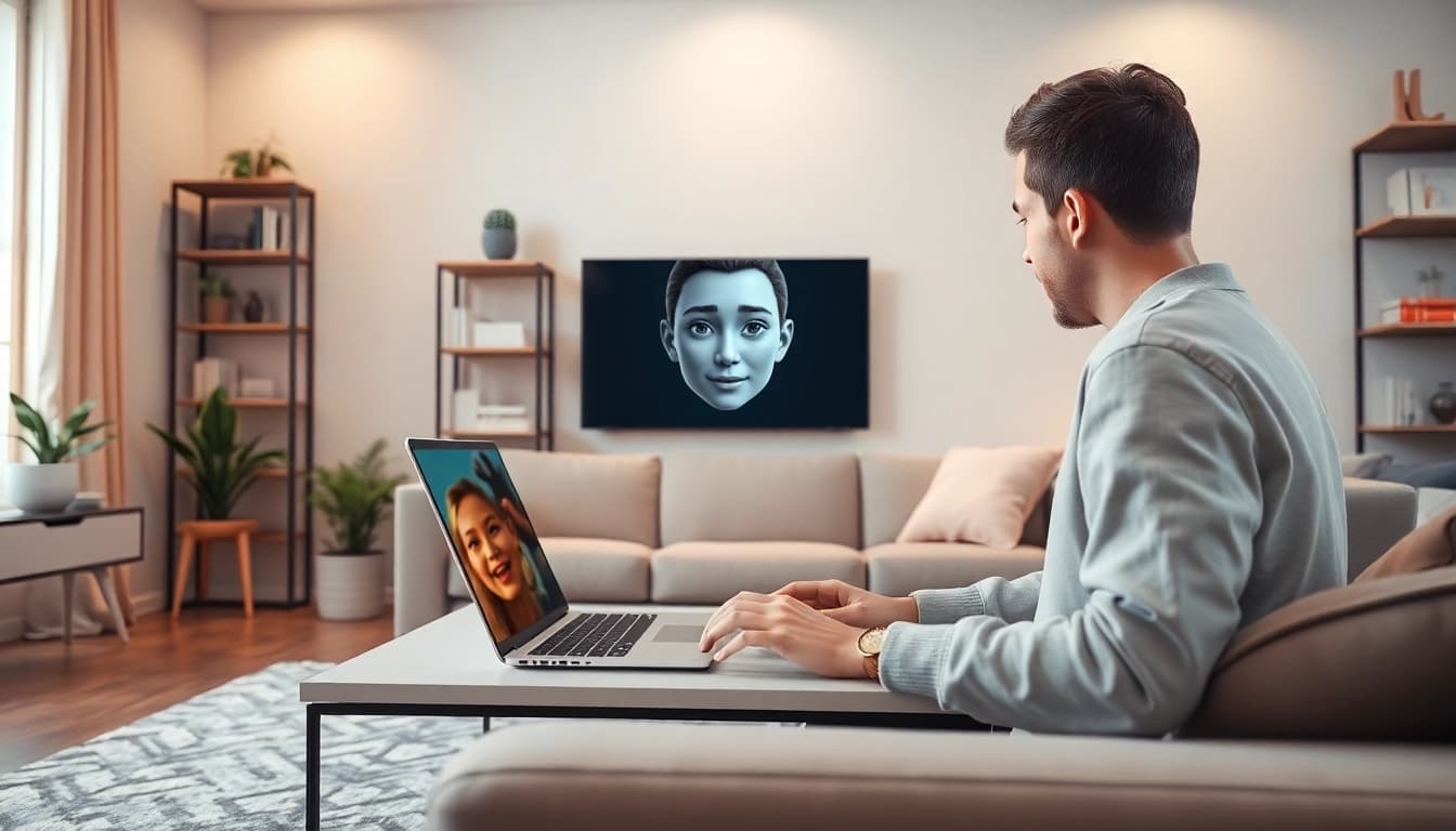 Engaging user interaction with crushonai's lifelike AI character in a cozy living room.