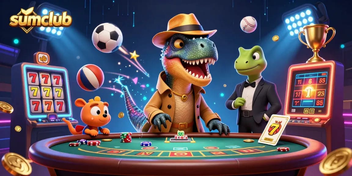 Engage with sumclub's vibrant illustration of a velociraptor and friends at a blackjack table, embodying excitement.