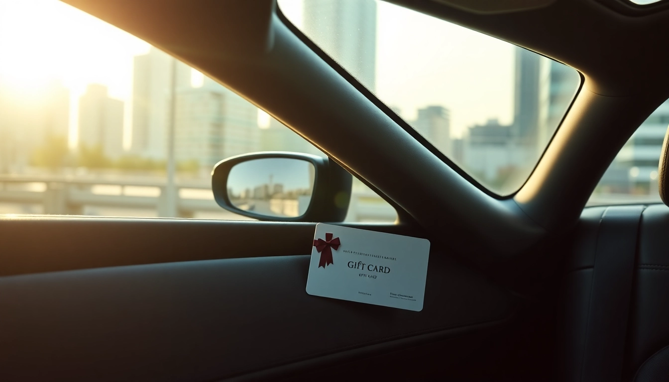 Showcase a window tint gift card placed in a luxury car interior, highlighting its stylish appeal.