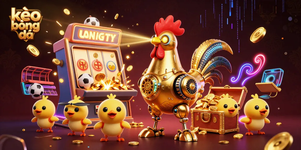 Experience kèo bóng đá with a dynamic scene of a futuristic rooster robot and golden casino excitement.