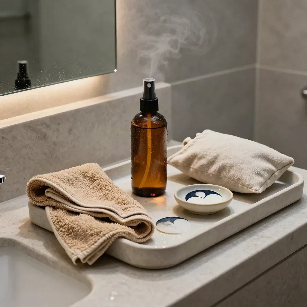 Ritualbakke med søvnspray og håndklæde på badeværelse med damp i spejlkanten
