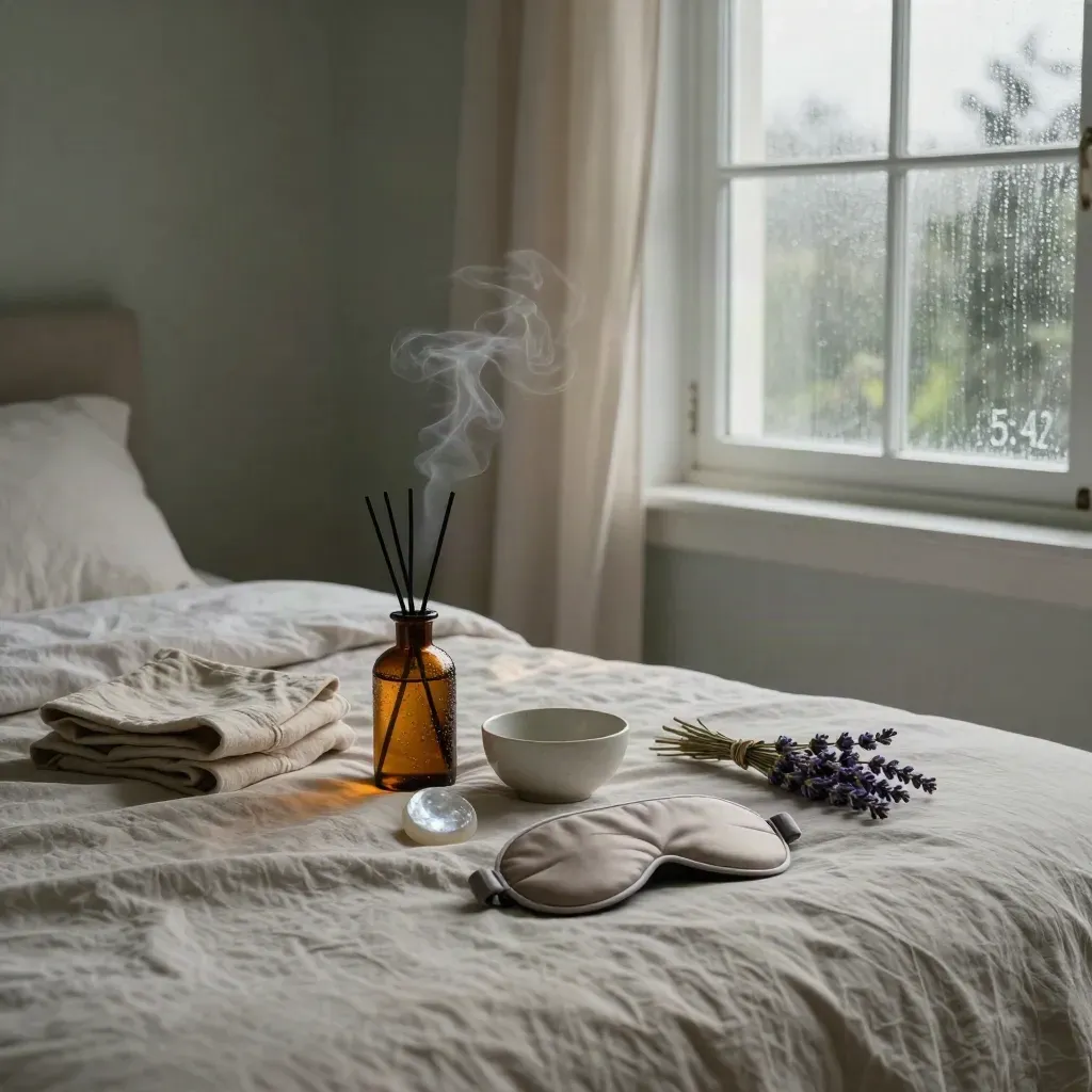 Blide Lunes måne-ritualkit på en seng ved daggry med tåge, lavendel og regn på ruden.