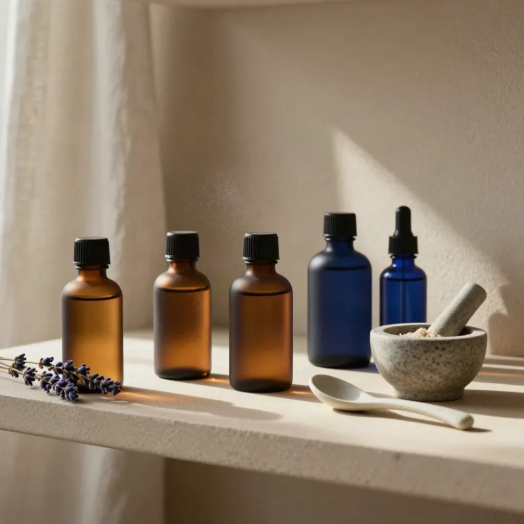 Aromablends på en lys hylde med lavendel, morter og mørk blå flaske i morgensol
