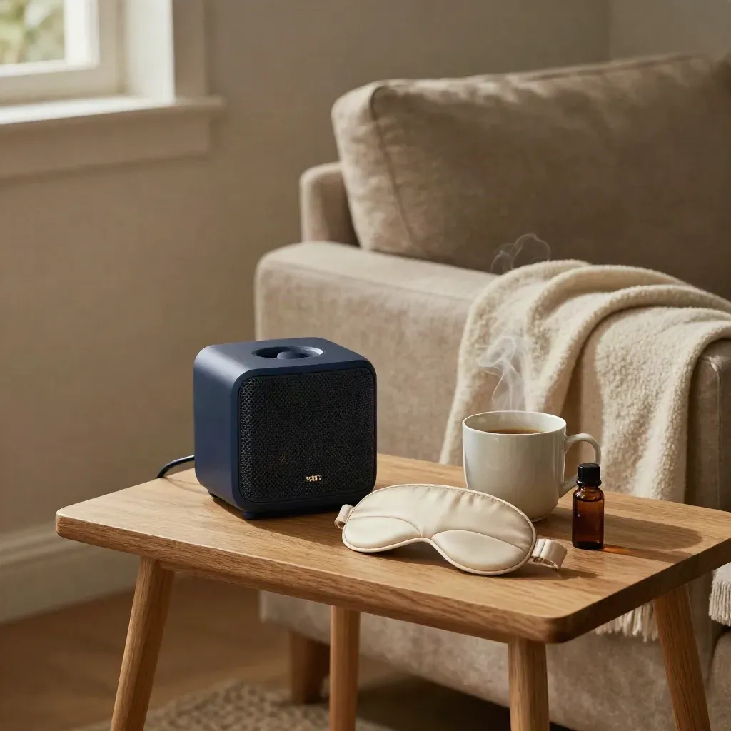 Stille aftenopstilling med højttaler, sovemaske, kamillete og olie på lille sidebord ved sofa.