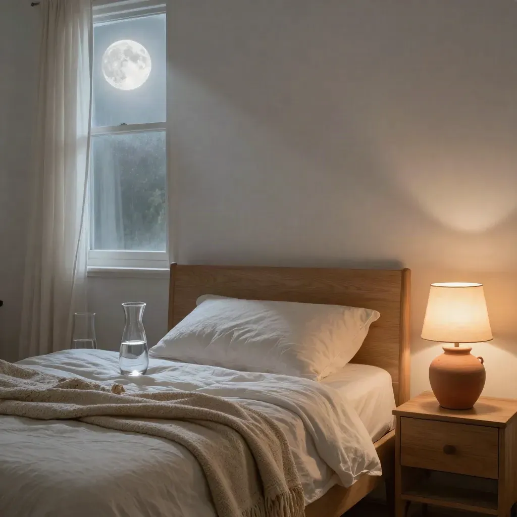 Månelyst soveværelse med gardin, vandkaraffel, foldet plaid og glødende lampe