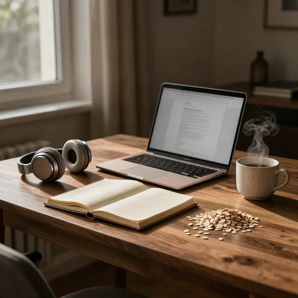 Laptop, hovedtelefoner, notesbog og tekop ved et dæmpet vindue i roligt aftenlys.