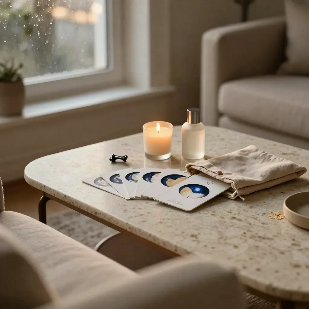 Åbent aftenritualkit på travertineborde ved sofaen, med lys, kort og duftflaske i regnfuld skumring.