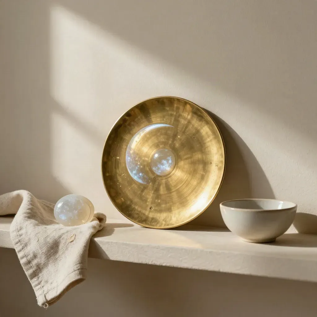 Brass lunar disc, månesten og keramisk skål på hylde i blødt vindueslys.