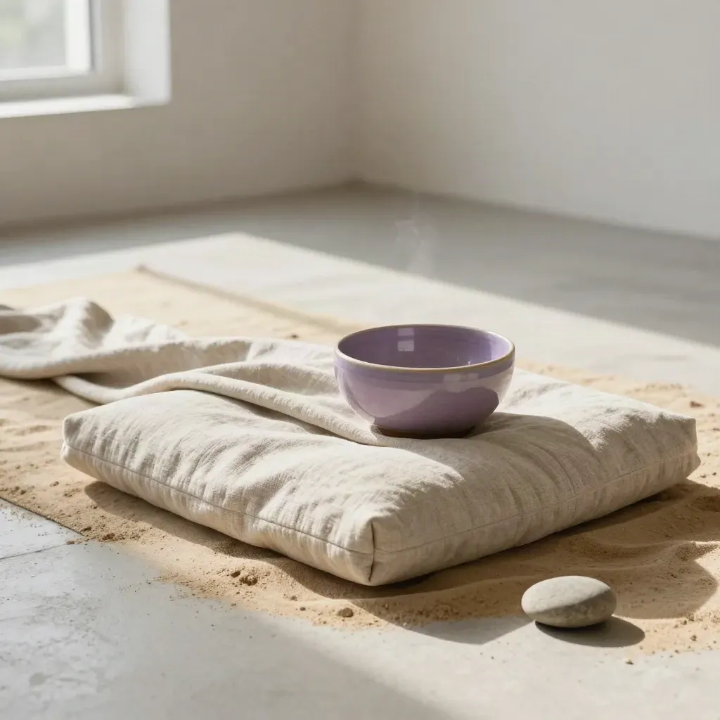Meditationspude, åndeskål, hørplaid og sten på gulv i blødt lys