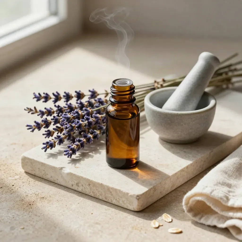 Amberflaske med lavendel, stenstøder og keramikskål på stenbakke i blødt lys.