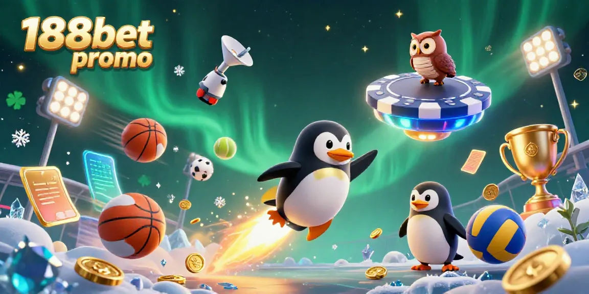 Experience the excitement with the 188bet promo as the golden penguin triumphantly navigates a vibrant gambling space.