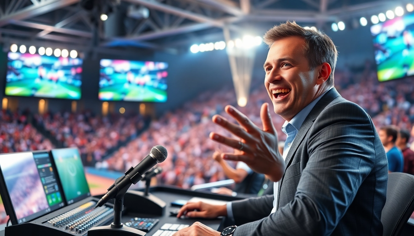 Engaging sports broadcasting setup showcasing dynamic commentary during a live event.