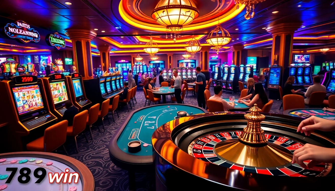 A vibrant scene of enthusiastic players betting at 789win casino, featuring slot machines and poker tables.