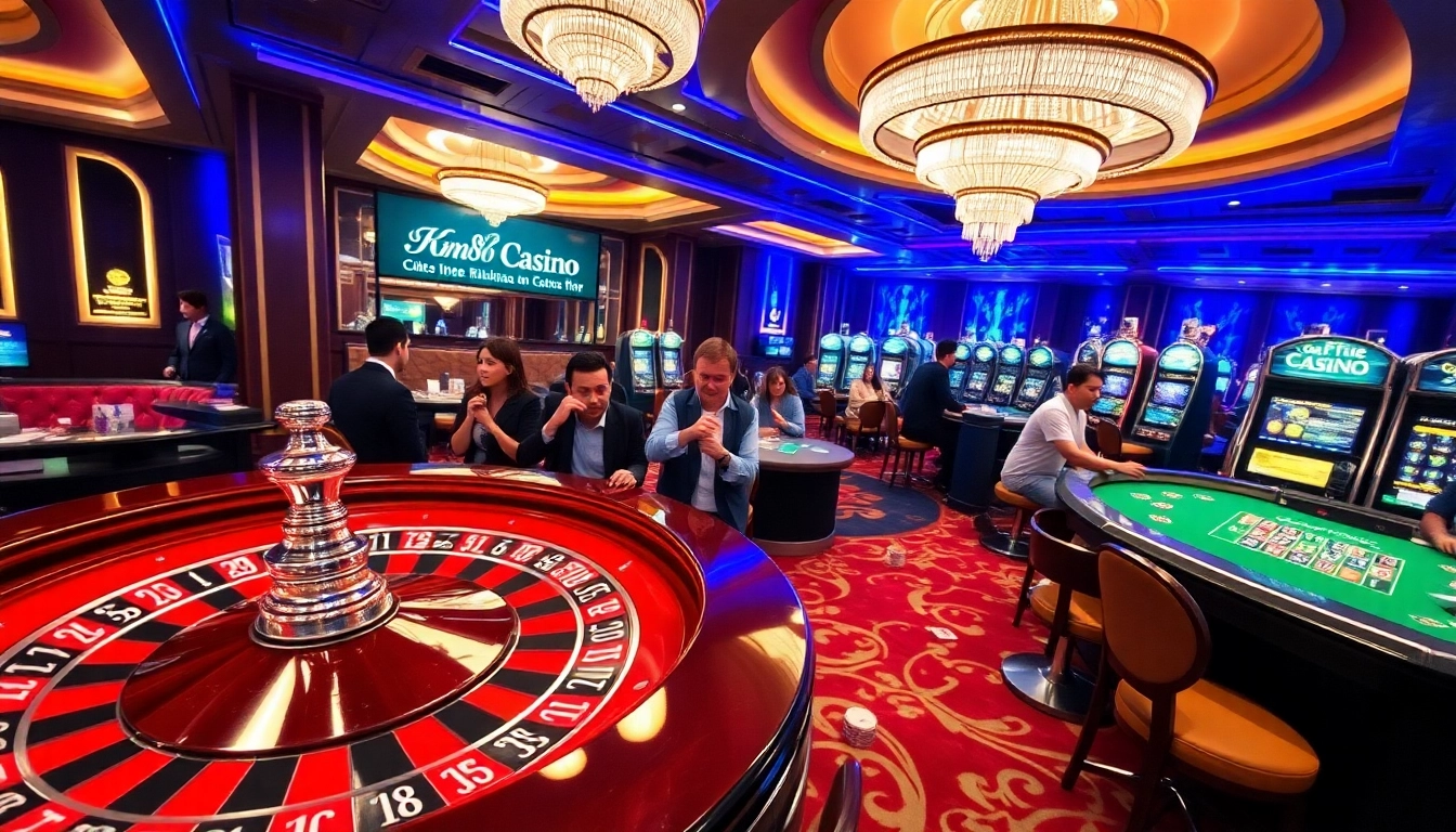 Experience the excitement of KM88 casino with players winning at slot machines and roulette tables.