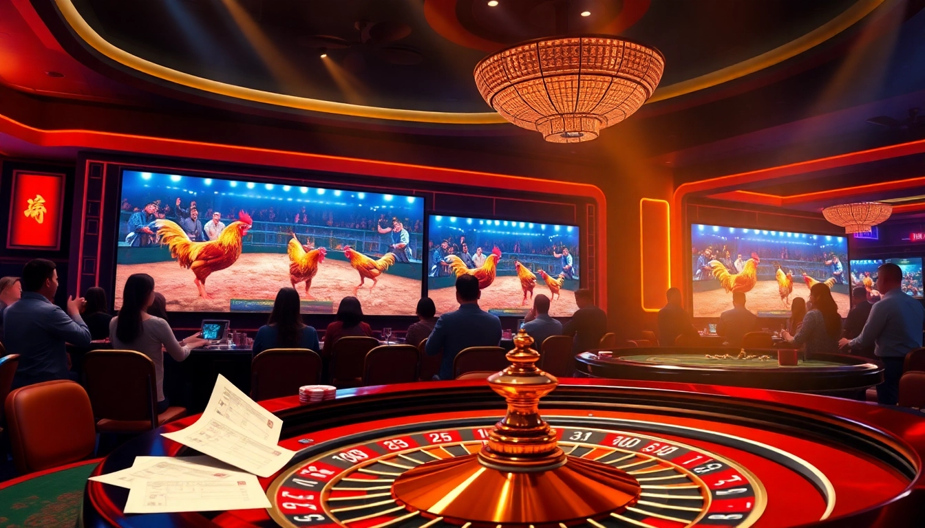 Watch đá gà trực tiếp in an exciting online casino atmosphere with live matches and vibrant betting elements.
