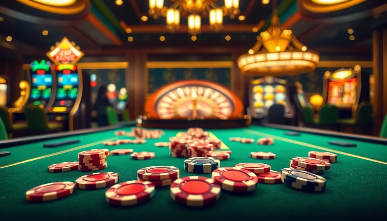 Experience thrill and excitement at nhà cái bj66 with a vibrant gaming table and roulette wheel in a luxurious casino setting.