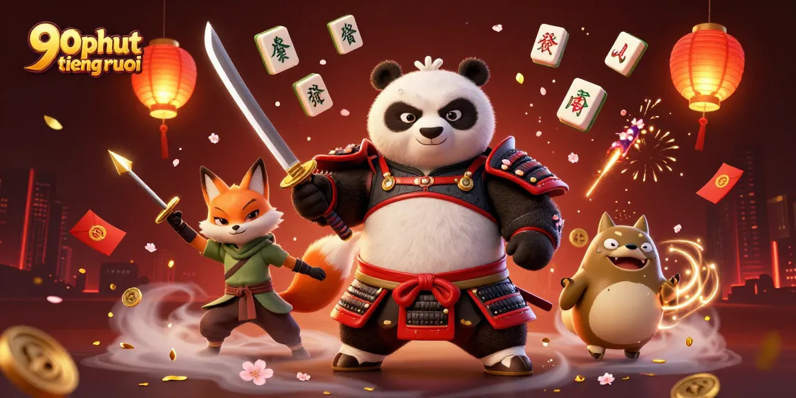 Experience action with 90phut tiengruoi as a samurai panda embraces victory in a vibrant casino scene.