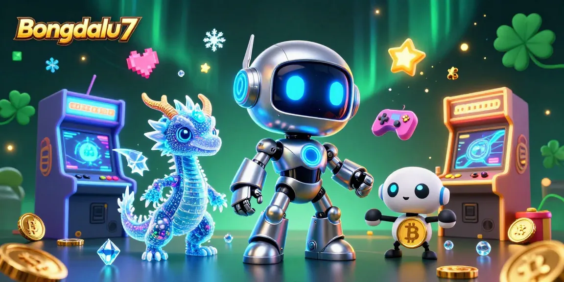 Experience the excitement of Bongdalu7 with a cyberpunk robot, AI dragon, and bitcoin, amidst vibrant casino elements.