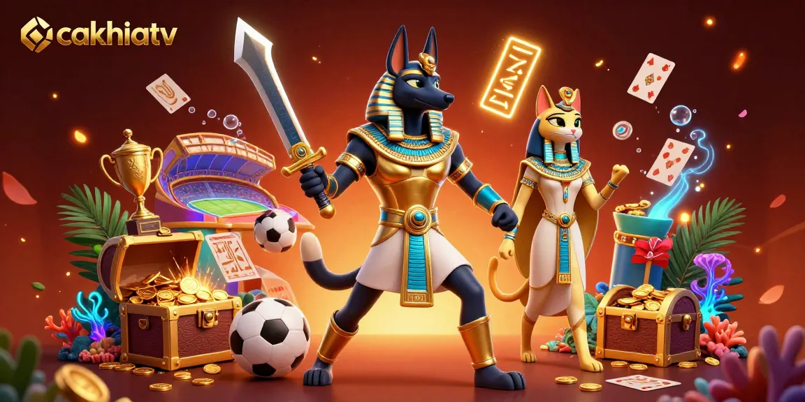 Experience cakhiatv sports betting excitement with Anubis and Bastet amidst vibrant gaming elements.