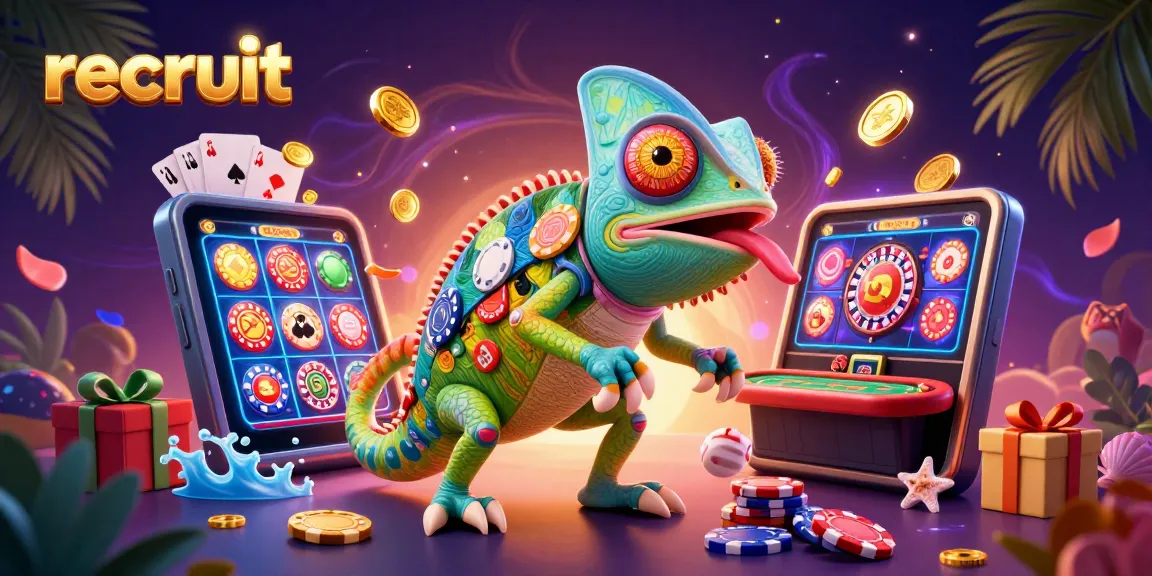 Recruit in a vibrant casino scene with a chameleon owner, golden coins, and slot game excitement.