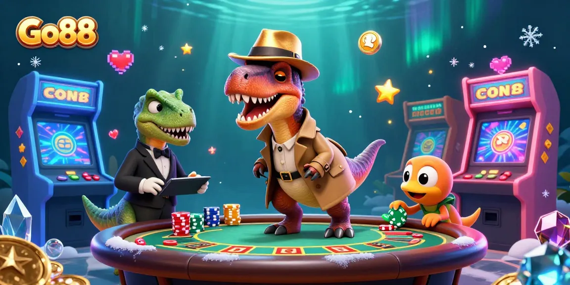 Go88 casino illustration featuring a velociraptor card counter, stegosaurus pit boss, and compy pickpocket in action.