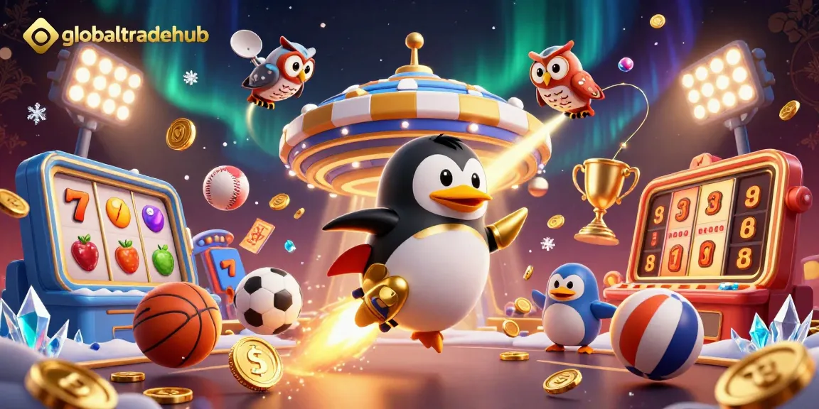 Experience the excitement of globaltradehub with a golden penguin racing towards a casino chip station.