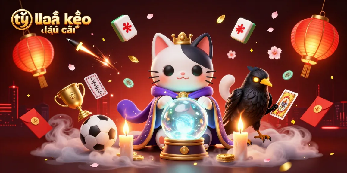 Betting on tỷ lệ kèo nhà cái with a mystical cat and raven in a vibrant casino illustration.