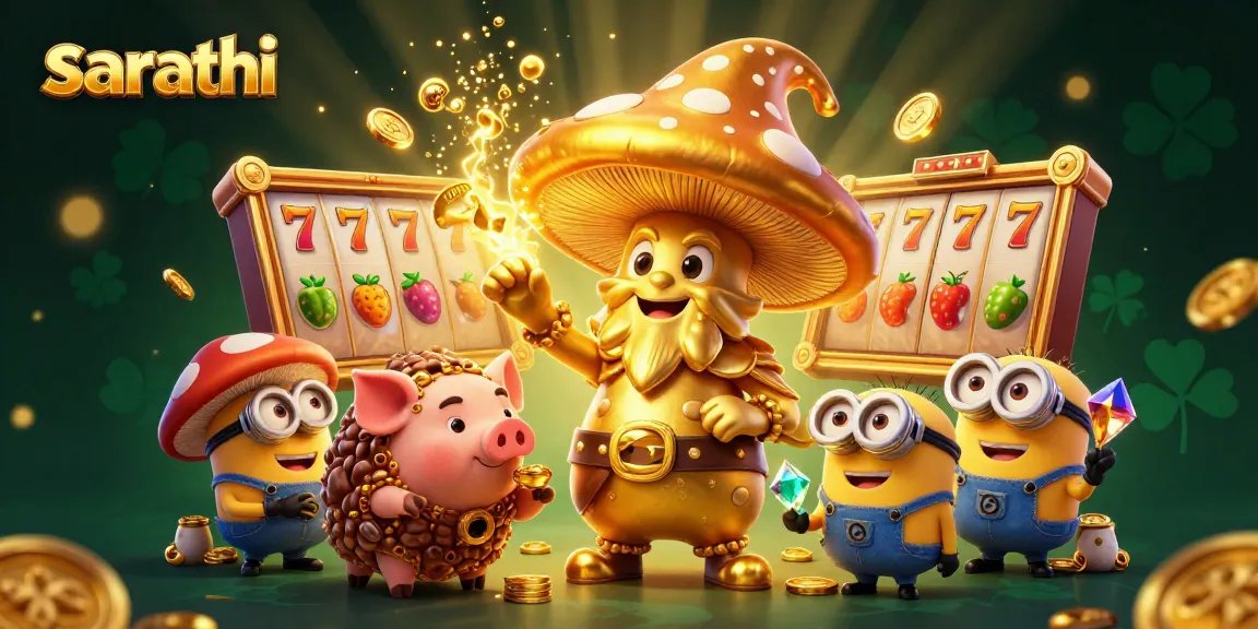 Play slots and win at sarathi with golden wizard and treasure-filled casino scene.