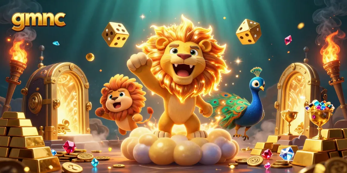 Spin to win with gmnc's thrilling adventure featuring a golden lion, vibrant treasures, and dynamic casino elements!